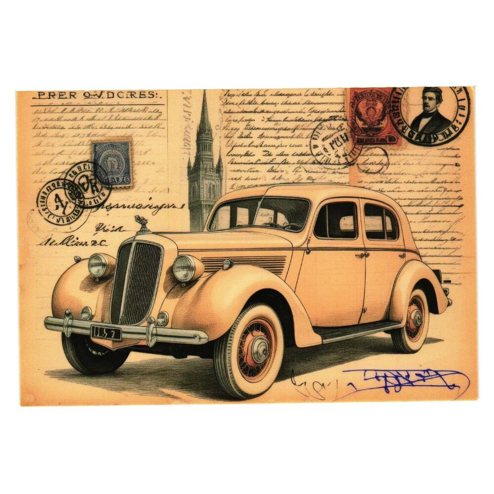 Vintage Car Illustration Postcard Antique European Car Classic Man Cave Gift